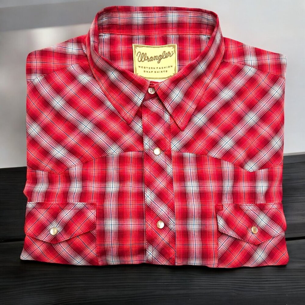 Wrangler Western Red Carmine‎ Plaid Western Snap Short Sleeve Shirt